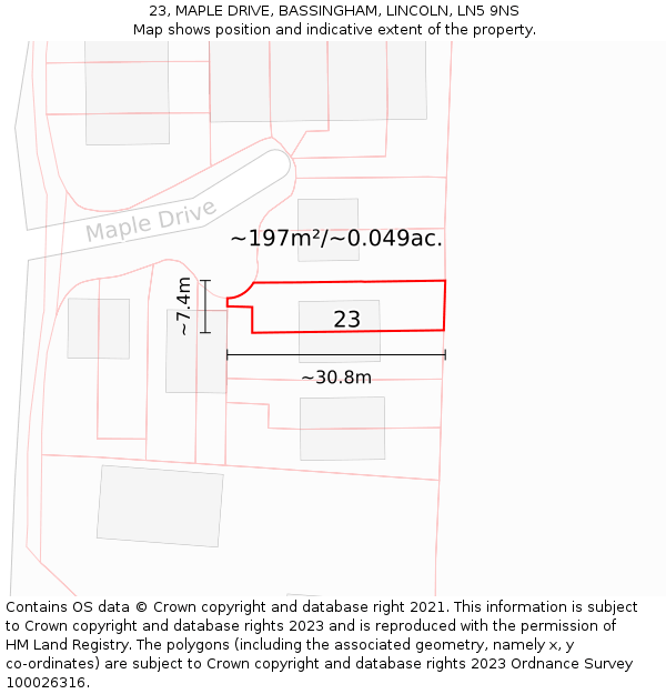 23, MAPLE DRIVE, BASSINGHAM, LINCOLN, LN5 9NS: Plot and title map