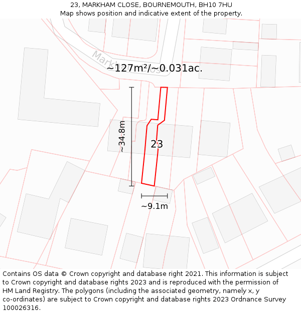 23, MARKHAM CLOSE, BOURNEMOUTH, BH10 7HU: Plot and title map