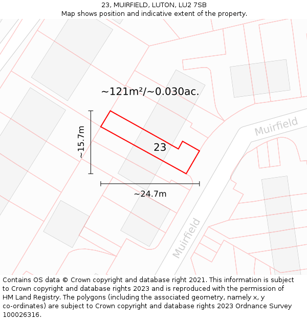 23, MUIRFIELD, LUTON, LU2 7SB: Plot and title map