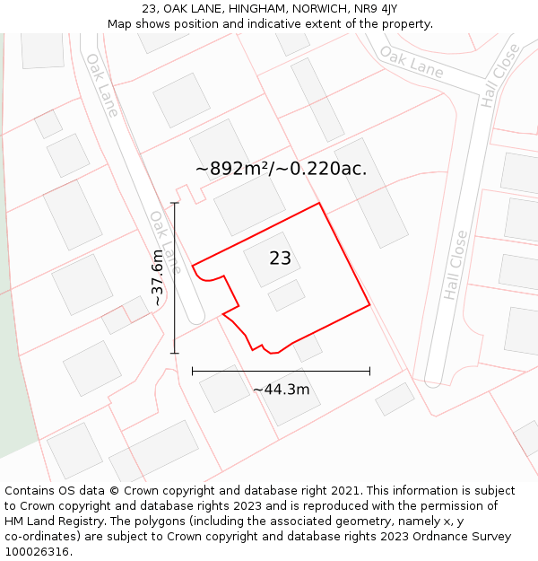 23, OAK LANE, HINGHAM, NORWICH, NR9 4JY: Plot and title map