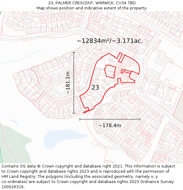 23, PALMER CRESCENT, WARWICK, CV34 7BD: Plot and title map