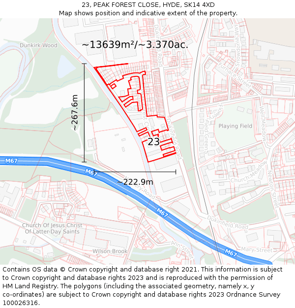 23, PEAK FOREST CLOSE, HYDE, SK14 4XD: Plot and title map