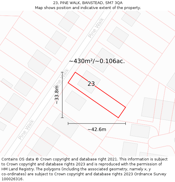 23, PINE WALK, BANSTEAD, SM7 3QA: Plot and title map
