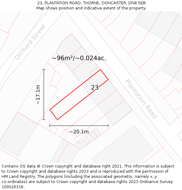 23, PLANTATION ROAD, THORNE, DONCASTER, DN8 5EB: Plot and title map
