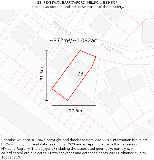23, RIDGEWAY, BARROWFORD, NELSON, BB9 8QP: Plot and title map