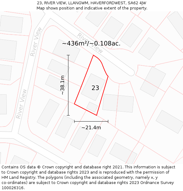 23, RIVER VIEW, LLANGWM, HAVERFORDWEST, SA62 4JW: Plot and title map