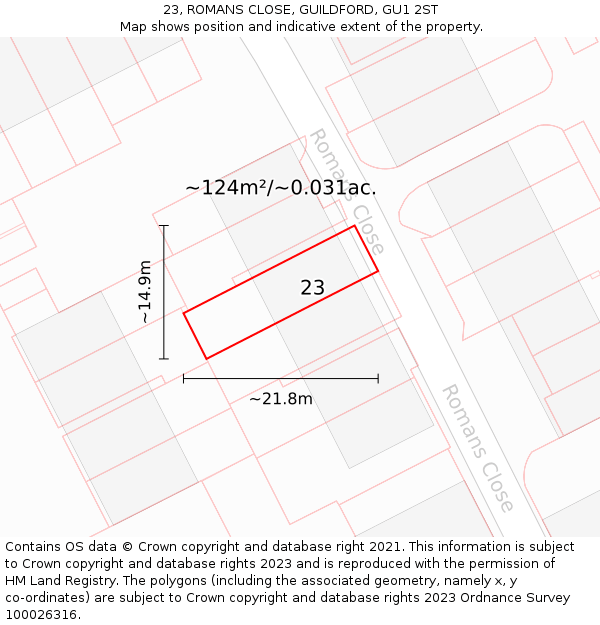 23, ROMANS CLOSE, GUILDFORD, GU1 2ST: Plot and title map