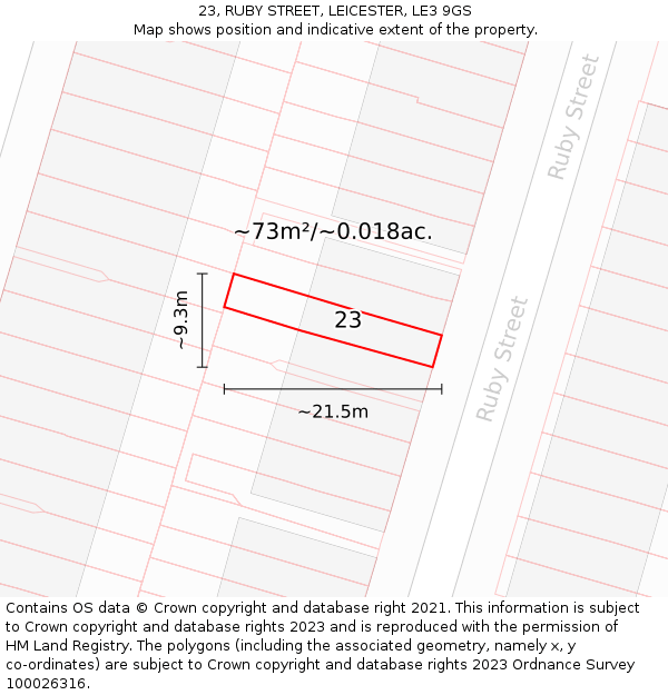 23, RUBY STREET, LEICESTER, LE3 9GS: Plot and title map