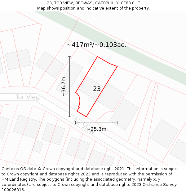 23, TOR VIEW, BEDWAS, CAERPHILLY, CF83 8HE: Plot and title map