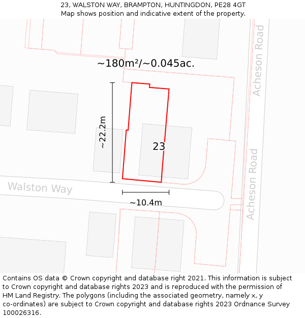 23, WALSTON WAY, BRAMPTON, HUNTINGDON, PE28 4GT: Plot and title map