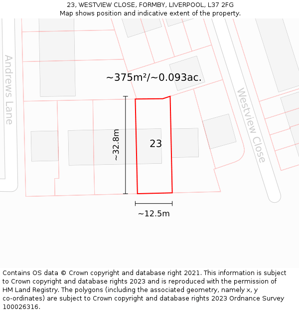 23, WESTVIEW CLOSE, FORMBY, LIVERPOOL, L37 2FG: Plot and title map