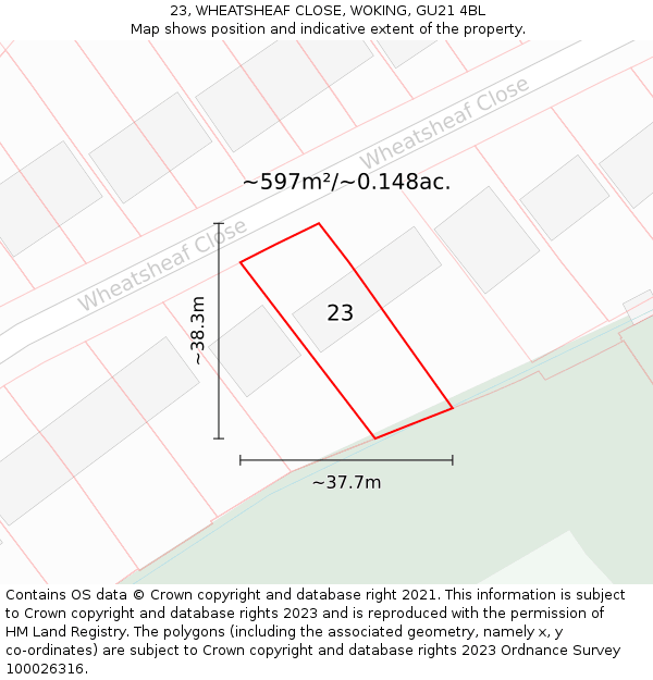 23, WHEATSHEAF CLOSE, WOKING, GU21 4BL: Plot and title map