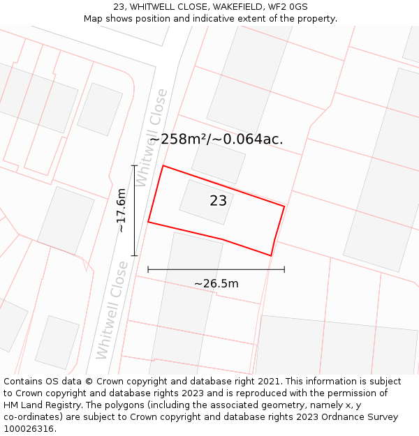 23, WHITWELL CLOSE, WAKEFIELD, WF2 0GS: Plot and title map