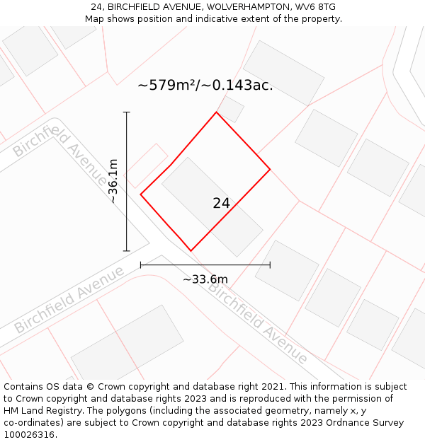 24, BIRCHFIELD AVENUE, WOLVERHAMPTON, WV6 8TG: Plot and title map