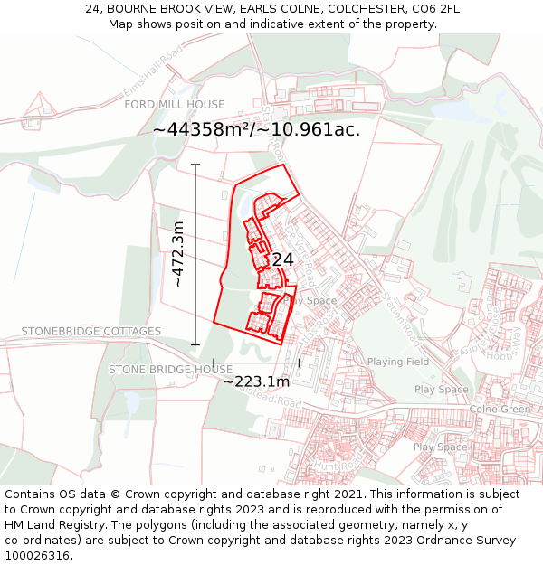 24, BOURNE BROOK VIEW, EARLS COLNE, COLCHESTER, CO6 2FL: Plot and title map