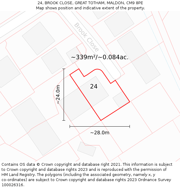 24, BROOK CLOSE, GREAT TOTHAM, MALDON, CM9 8PE: Plot and title map