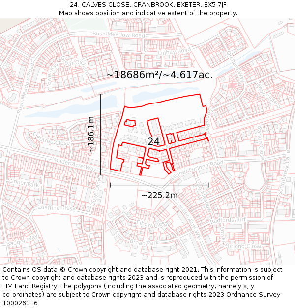 24, CALVES CLOSE, CRANBROOK, EXETER, EX5 7JF: Plot and title map