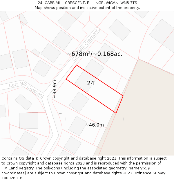 24, CARR MILL CRESCENT, BILLINGE, WIGAN, WN5 7TS: Plot and title map