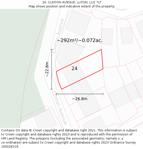 24, CLINTON AVENUE, LUTON, LU2 7LT: Plot and title map