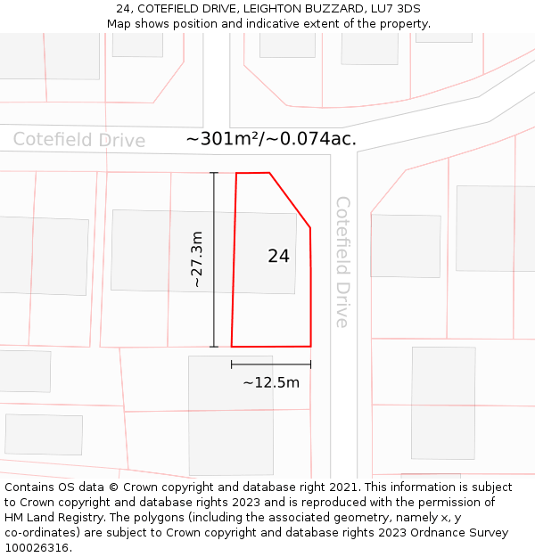 24, COTEFIELD DRIVE, LEIGHTON BUZZARD, LU7 3DS: Plot and title map