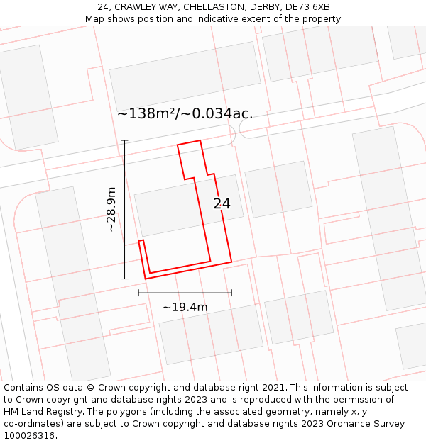 24, CRAWLEY WAY, CHELLASTON, DERBY, DE73 6XB: Plot and title map
