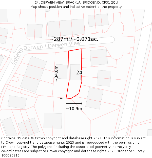 24, DERWEN VIEW, BRACKLA, BRIDGEND, CF31 2QU: Plot and title map