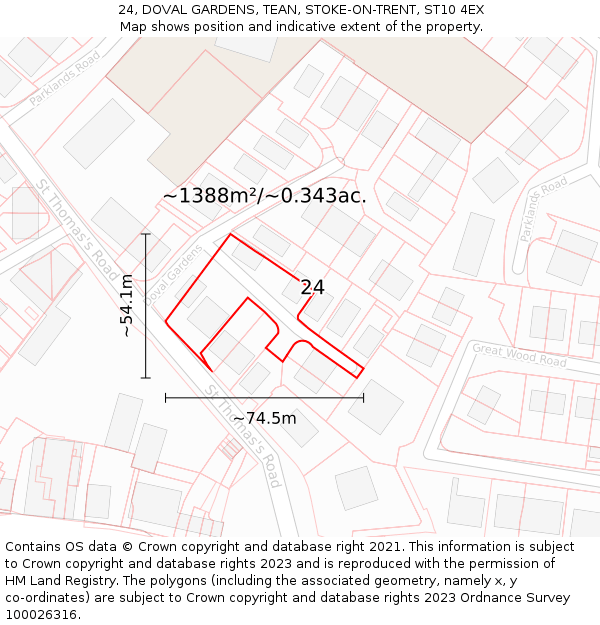24, DOVAL GARDENS, TEAN, STOKE-ON-TRENT, ST10 4EX: Plot and title map