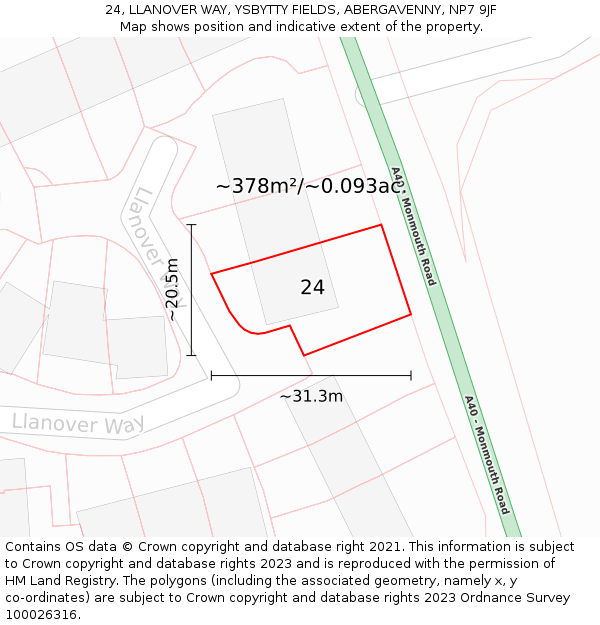 24, LLANOVER WAY, YSBYTTY FIELDS, ABERGAVENNY, NP7 9JF: Plot and title map
