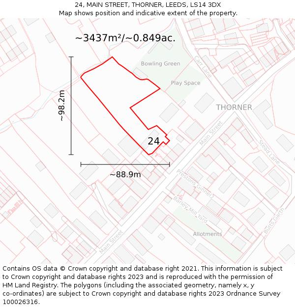 24, MAIN STREET, THORNER, LEEDS, LS14 3DX: Plot and title map