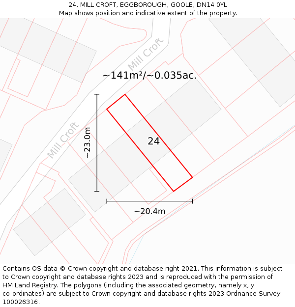 24, MILL CROFT, EGGBOROUGH, GOOLE, DN14 0YL: Plot and title map