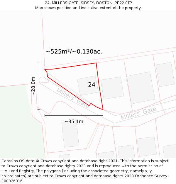 24, MILLERS GATE, SIBSEY, BOSTON, PE22 0TP: Plot and title map