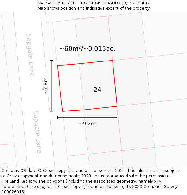 24, SAPGATE LANE, THORNTON, BRADFORD, BD13 3HD: Plot and title map