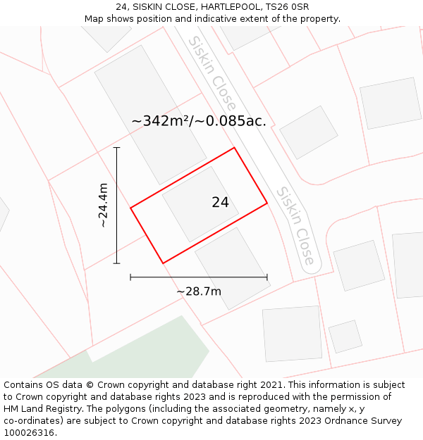 24, SISKIN CLOSE, HARTLEPOOL, TS26 0SR: Plot and title map