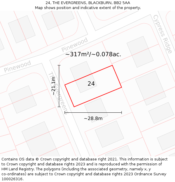 24, THE EVERGREENS, BLACKBURN, BB2 5AA: Plot and title map