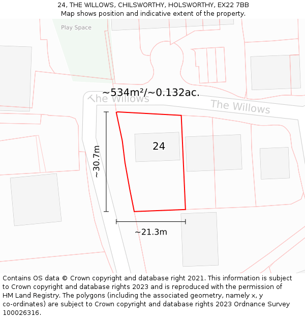 24, THE WILLOWS, CHILSWORTHY, HOLSWORTHY, EX22 7BB: Plot and title map