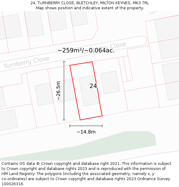 24, TURNBERRY CLOSE, BLETCHLEY, MILTON KEYNES, MK3 7RL: Plot and title map