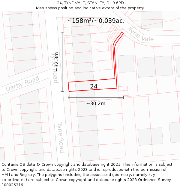 24, TYNE VALE, STANLEY, DH9 6PD: Plot and title map