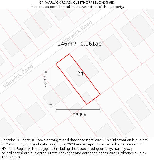 24, WARWICK ROAD, CLEETHORPES, DN35 9EX: Plot and title map
