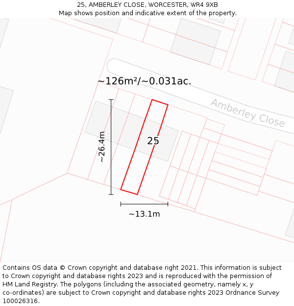 25, AMBERLEY CLOSE, WORCESTER, WR4 9XB: Plot and title map