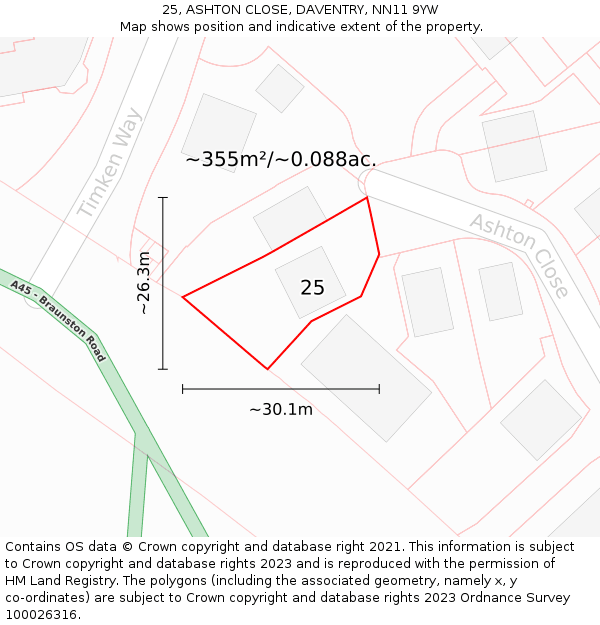 25, ASHTON CLOSE, DAVENTRY, NN11 9YW: Plot and title map