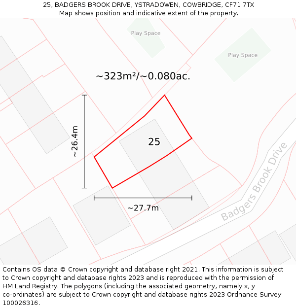 25, BADGERS BROOK DRIVE, YSTRADOWEN, COWBRIDGE, CF71 7TX: Plot and title map