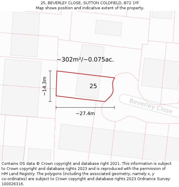 25, BEVERLEY CLOSE, SUTTON COLDFIELD, B72 1YF: Plot and title map