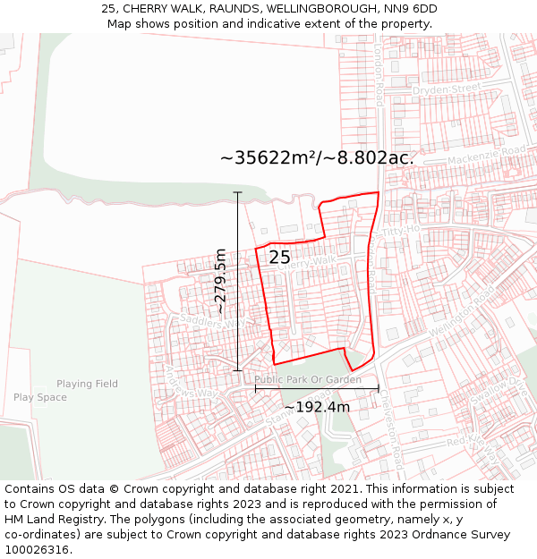 25, CHERRY WALK, RAUNDS, WELLINGBOROUGH, NN9 6DD: Plot and title map