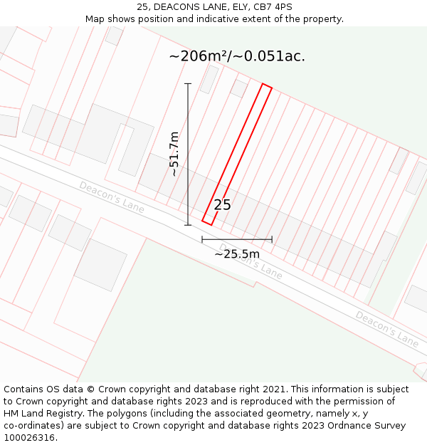 25, DEACONS LANE, ELY, CB7 4PS: Plot and title map
