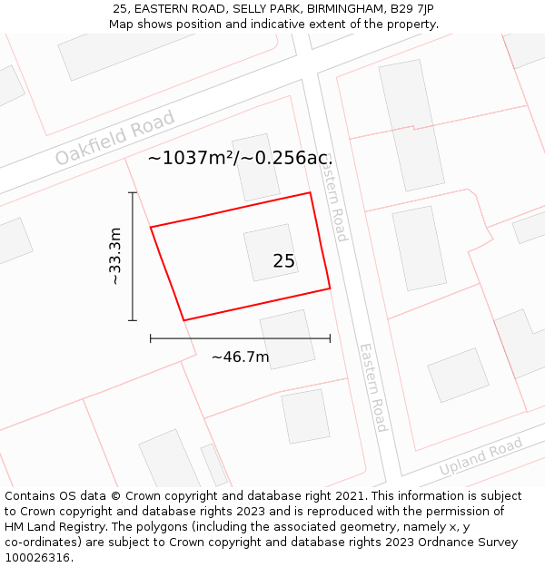 25, EASTERN ROAD, SELLY PARK, BIRMINGHAM, B29 7JP: Plot and title map