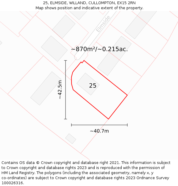 25, ELMSIDE, WILLAND, CULLOMPTON, EX15 2RN: Plot and title map