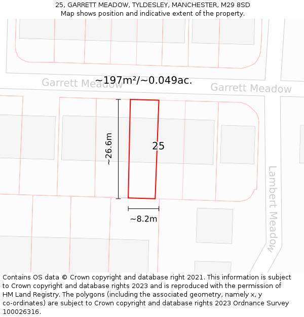25, GARRETT MEADOW, TYLDESLEY, MANCHESTER, M29 8SD: Plot and title map