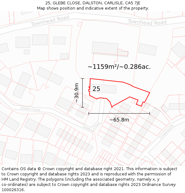 25, GLEBE CLOSE, DALSTON, CARLISLE, CA5 7JE: Plot and title map