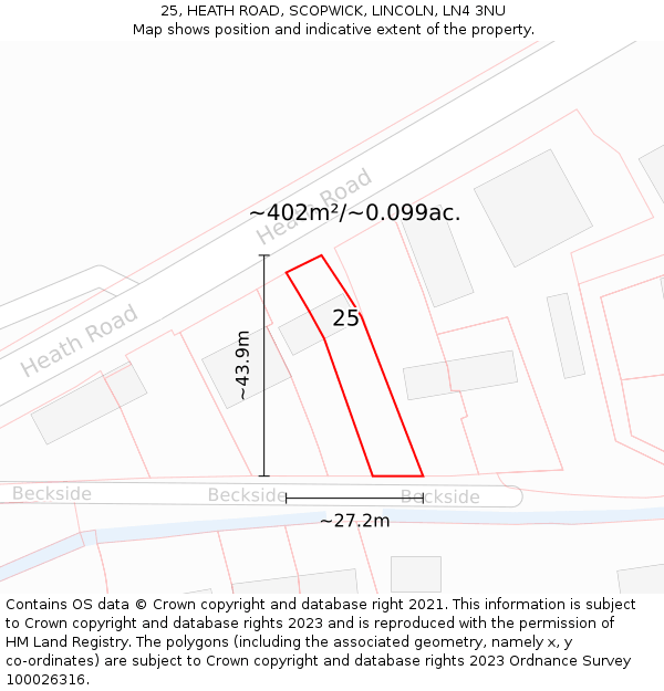25, HEATH ROAD, SCOPWICK, LINCOLN, LN4 3NU: Plot and title map