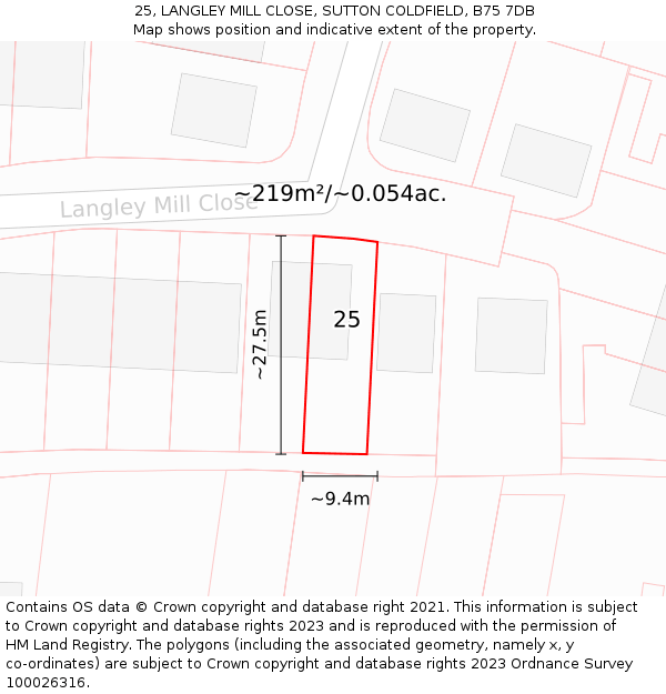 25, LANGLEY MILL CLOSE, SUTTON COLDFIELD, B75 7DB: Plot and title map